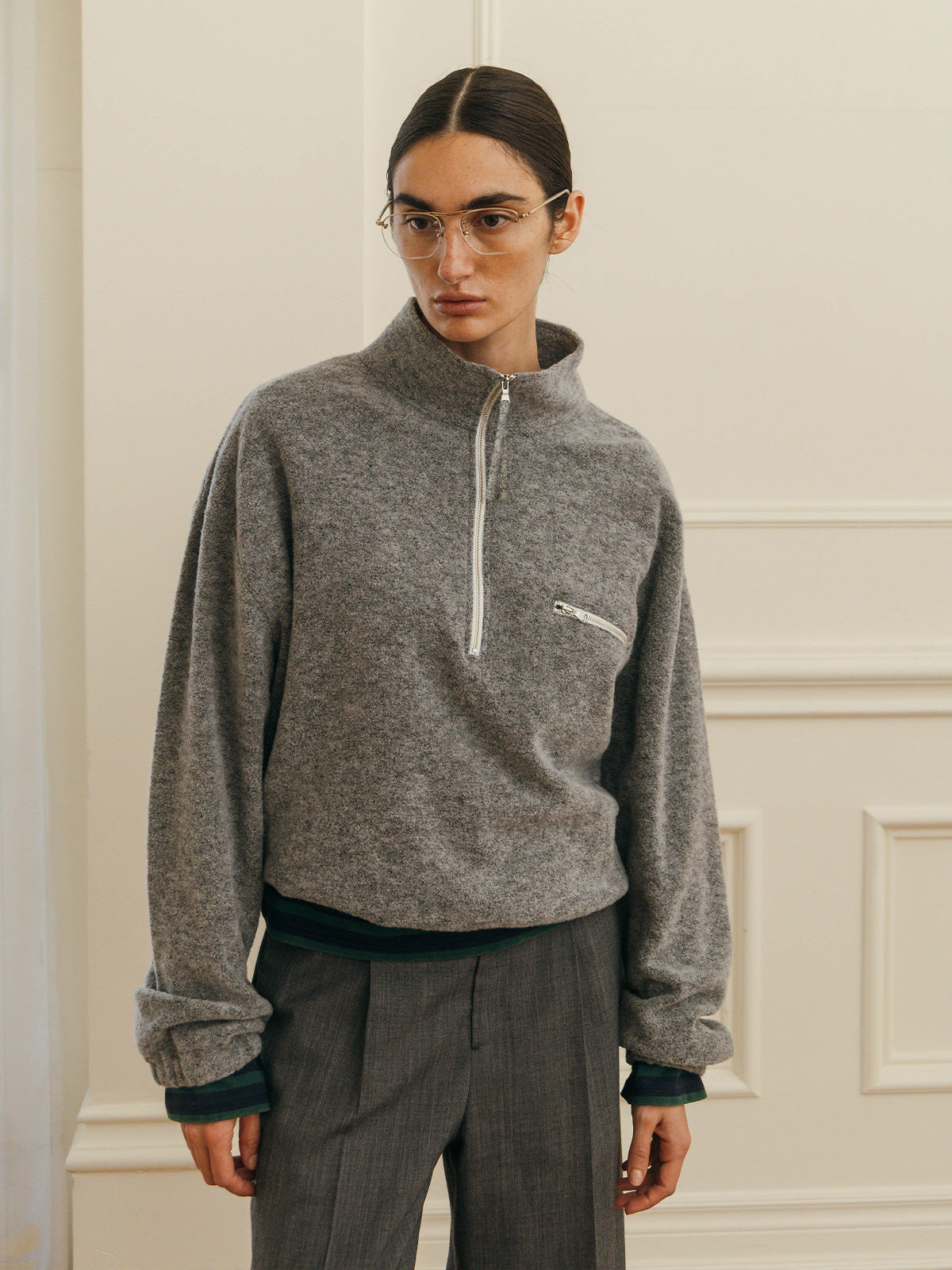 WOOL PILE HALF ZIP TOP