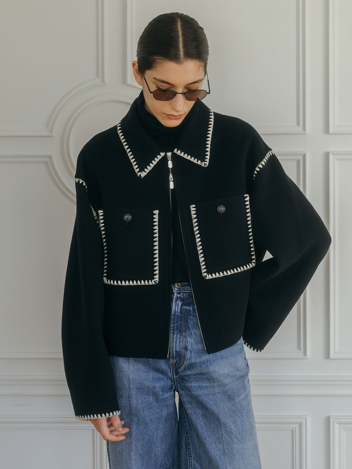 WOOL EMBROIDERY SHORT ZIP JACKET