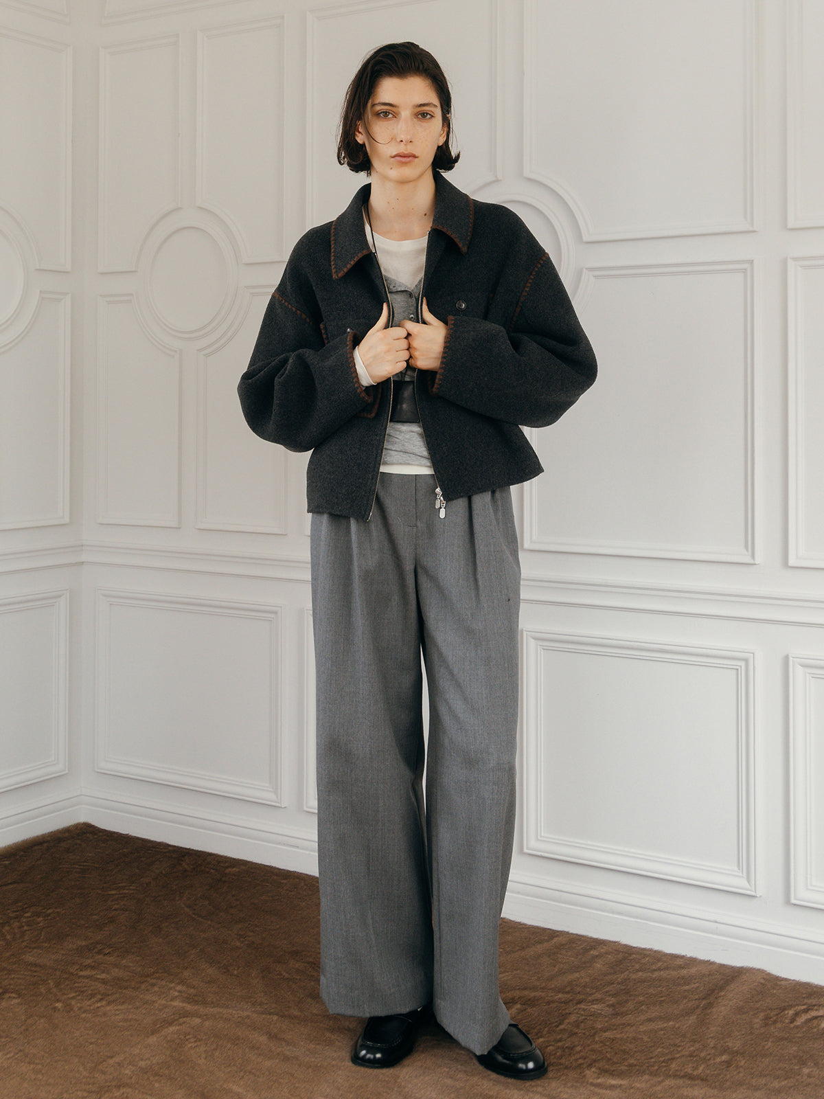 WOOL EMBROIDERY SHORT ZIP JACKET