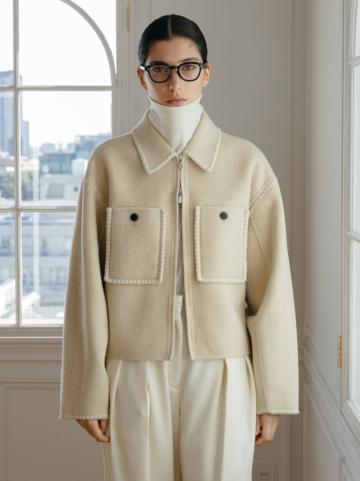 WOOL EMBROIDERY SHORT ZIP JACKET