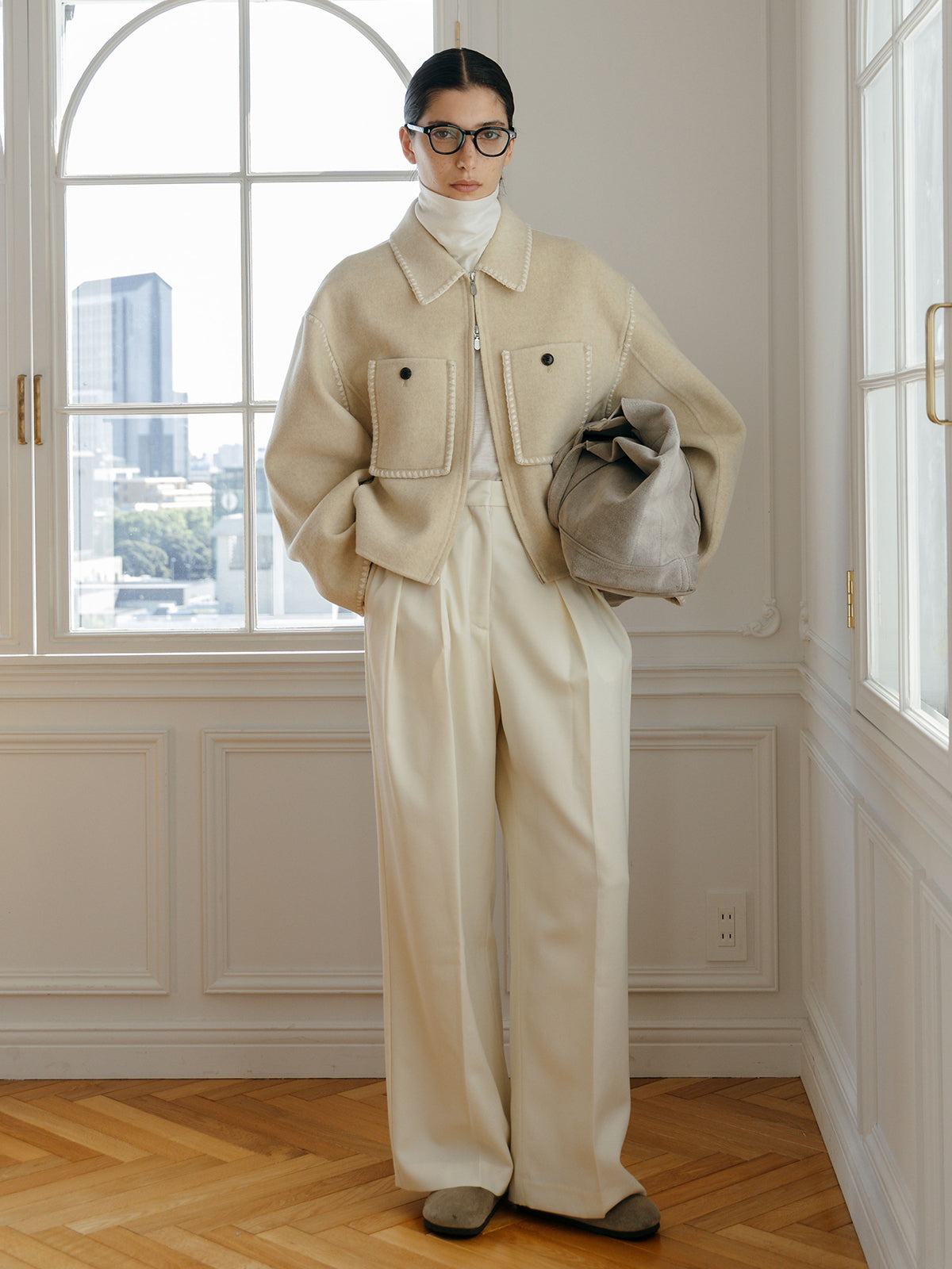 WOOL EMBROIDERY SHORT ZIP JACKET