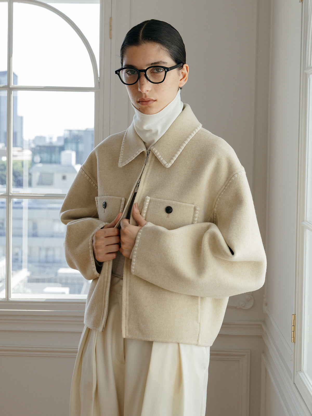 WOOL EMBROIDERY SHORT ZIP JACKET