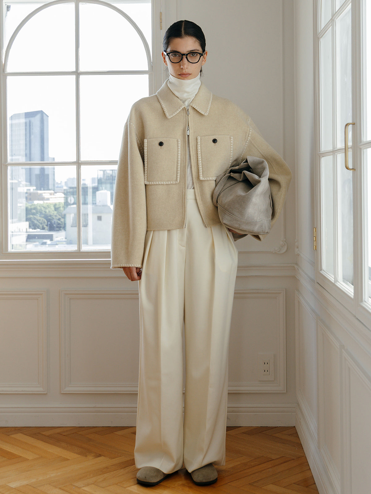 WOOL EMBROIDERY SHORT ZIP JACKET