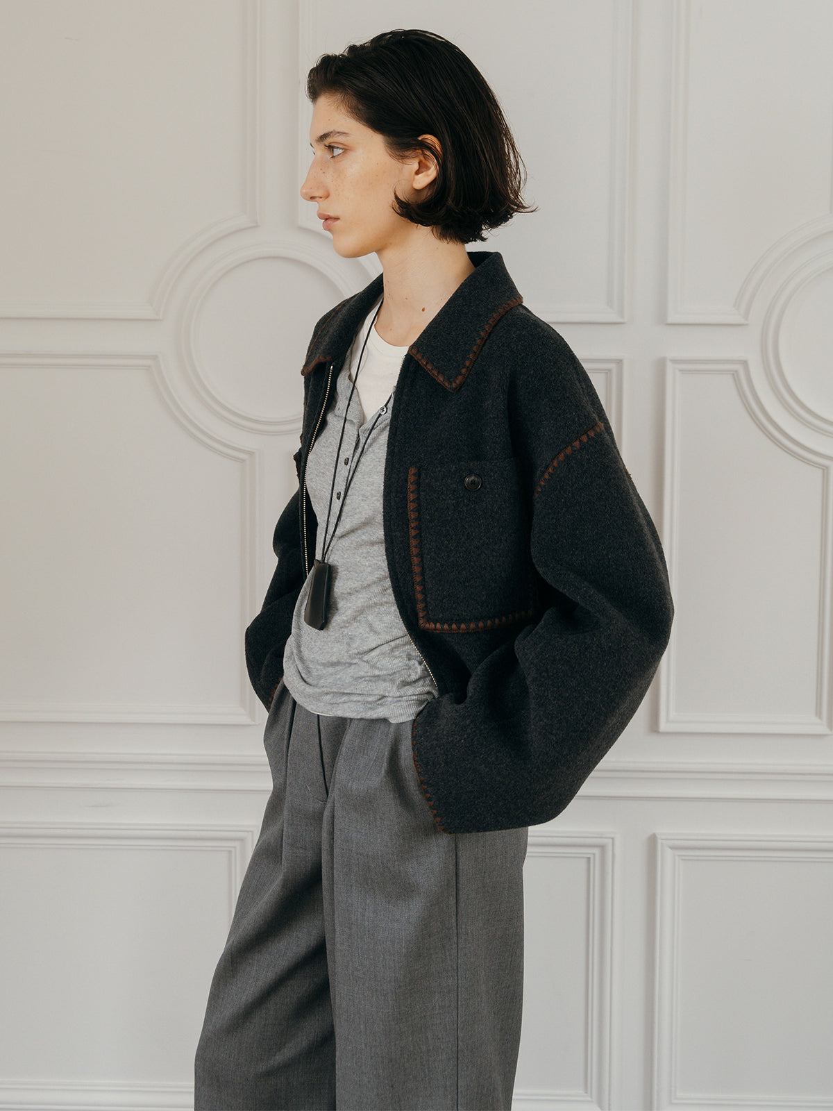 WOOL EMBROIDERY SHORT ZIP JACKET