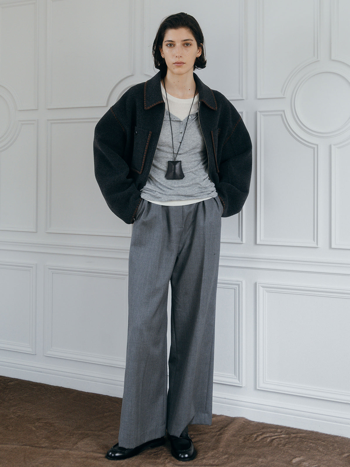 WOOL EMBROIDERY SHORT ZIP JACKET