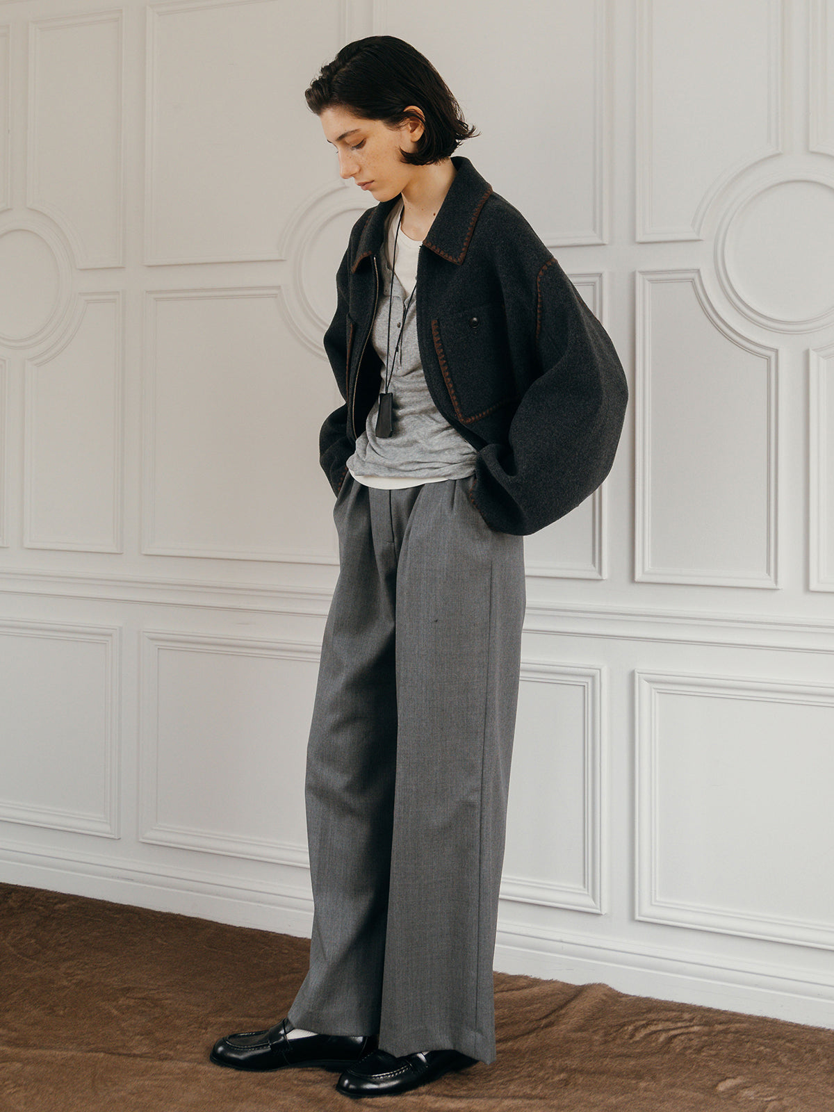 WOOL EMBROIDERY SHORT ZIP JACKET