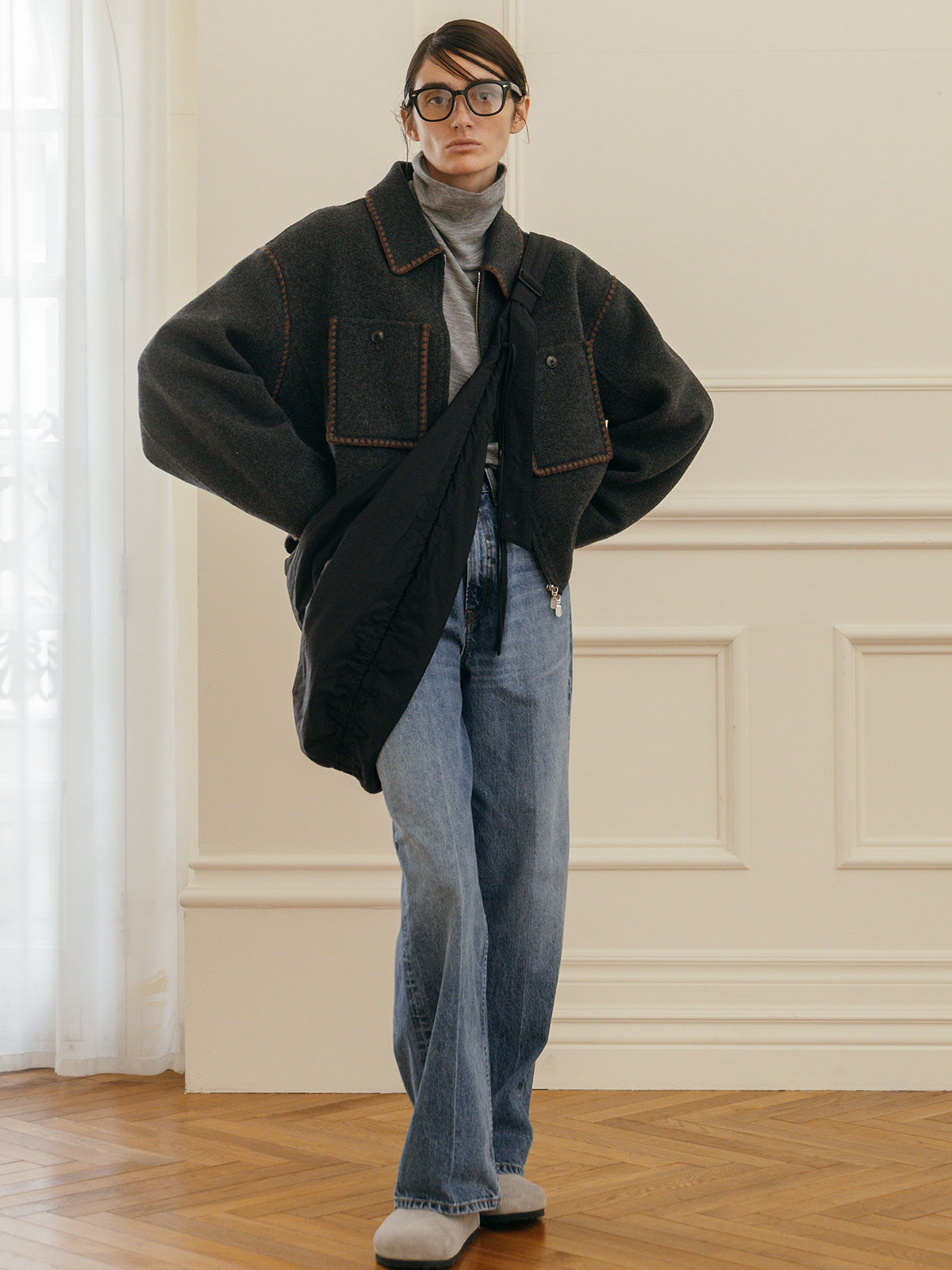 WOOL EMBROIDERY SHORT ZIP JACKET