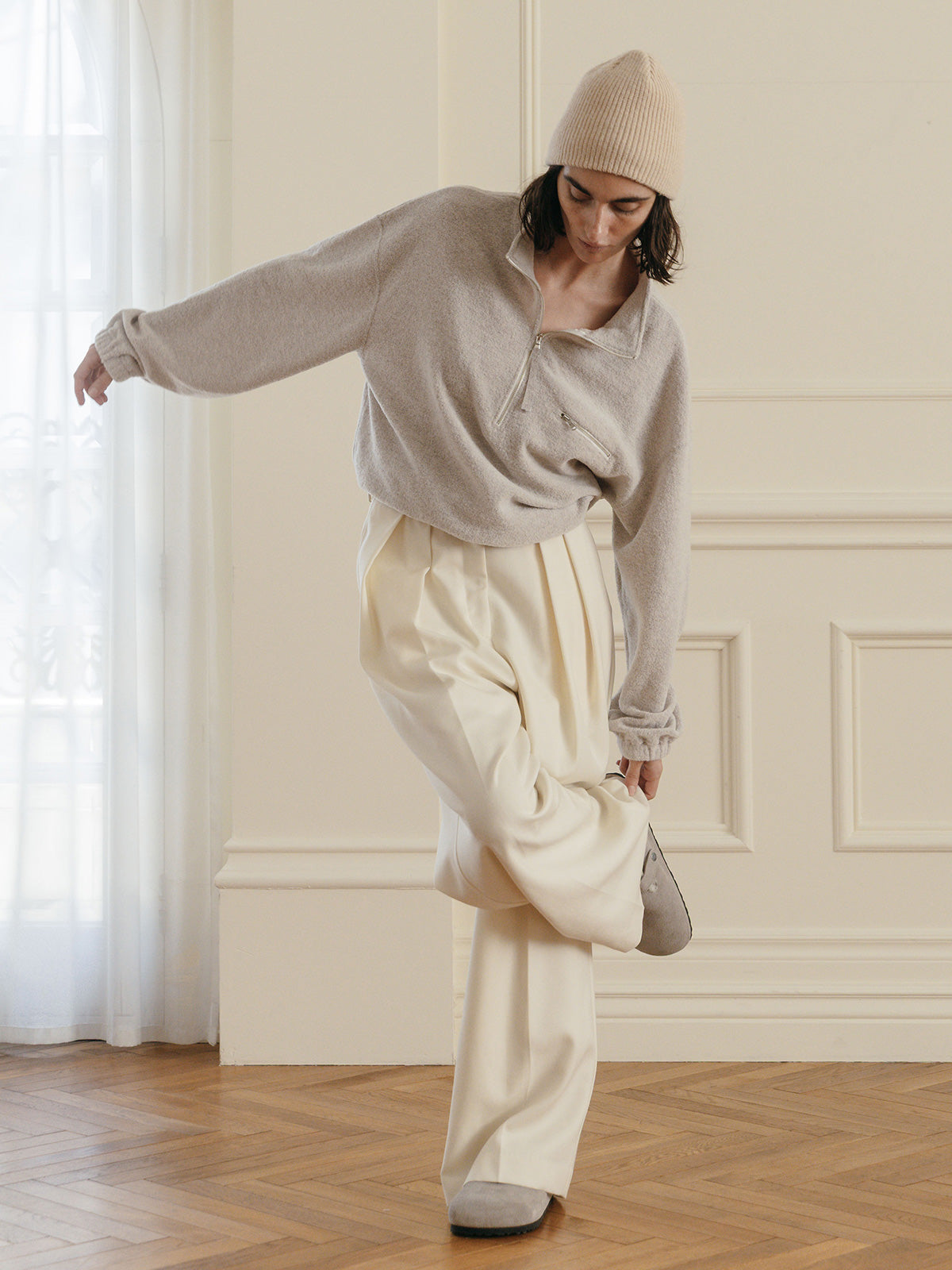 WOOL PILE HALF ZIP TOP