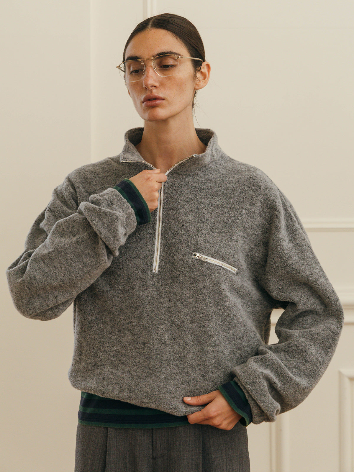 WOOL PILE HALF ZIP TOP