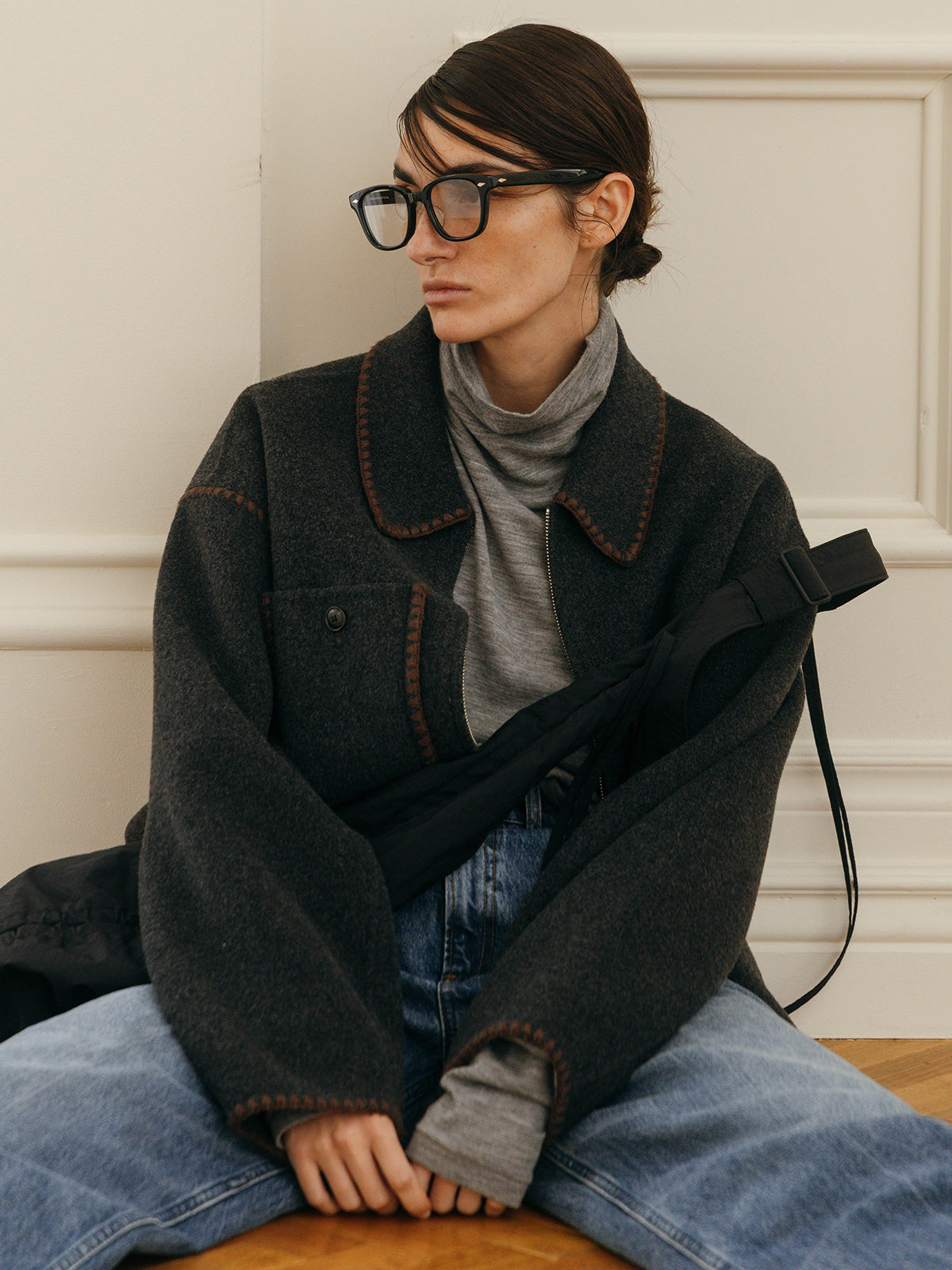 WOOL EMBROIDERY SHORT ZIP JACKET