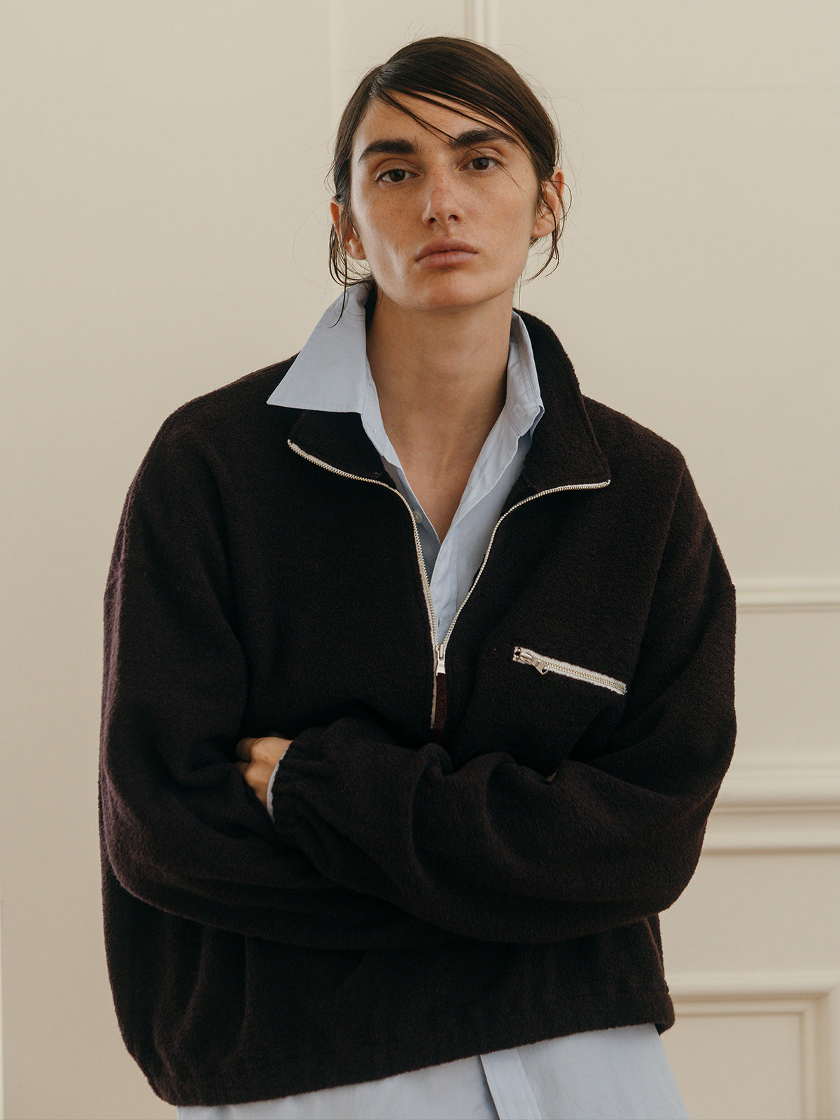 WOOL PILE HALF ZIP TOP