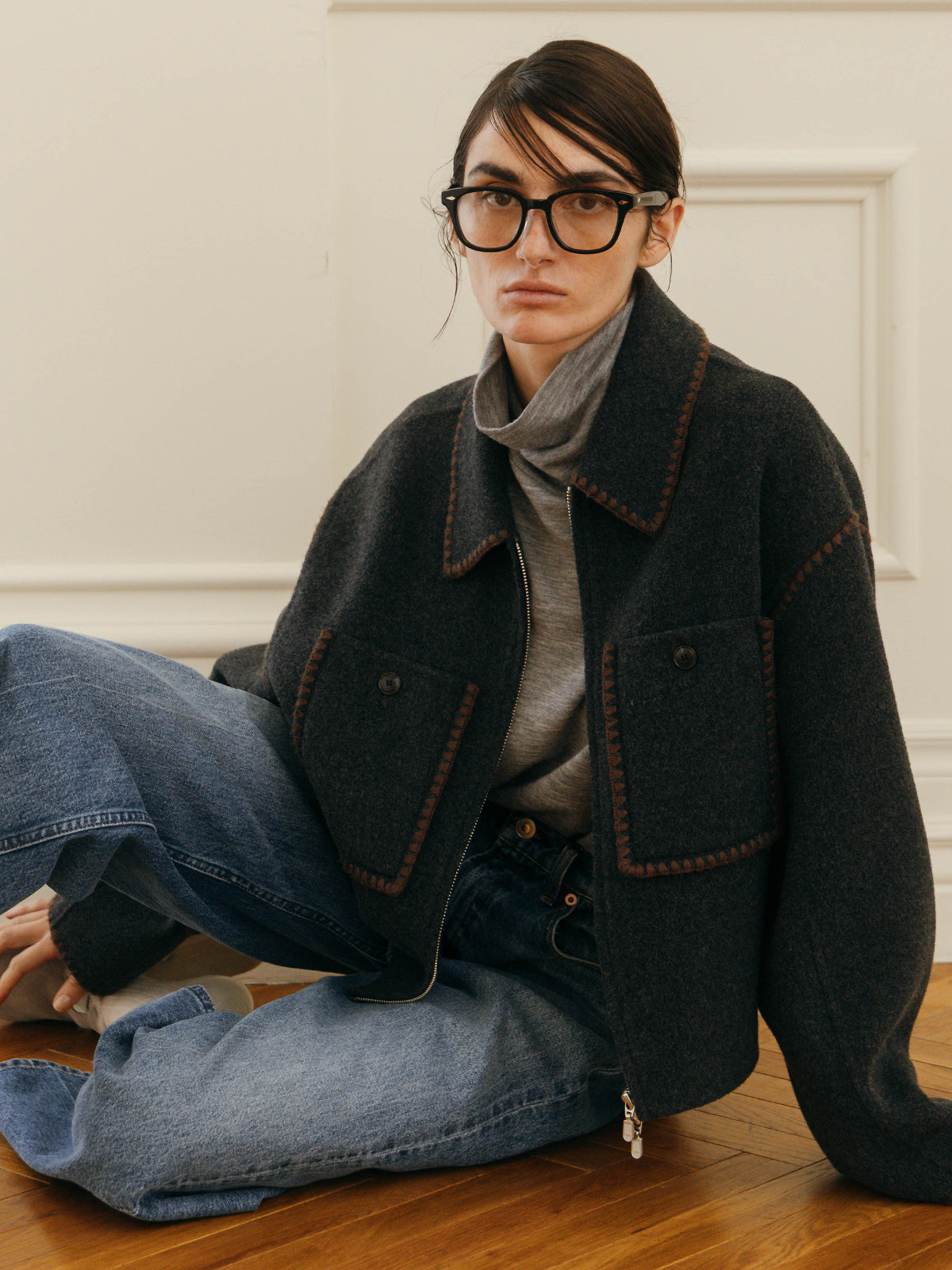 WOOL EMBROIDERY SHORT ZIP JACKET