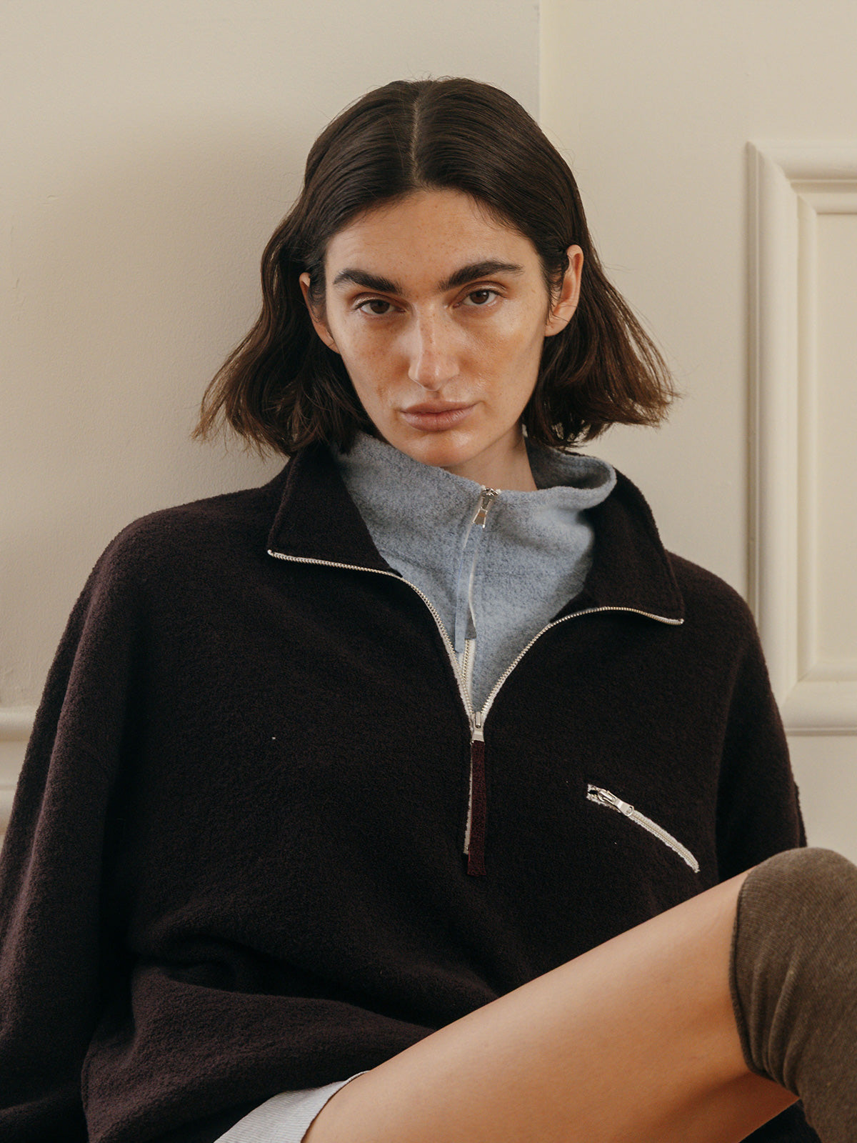 WOOL PILE HALF ZIP TOP