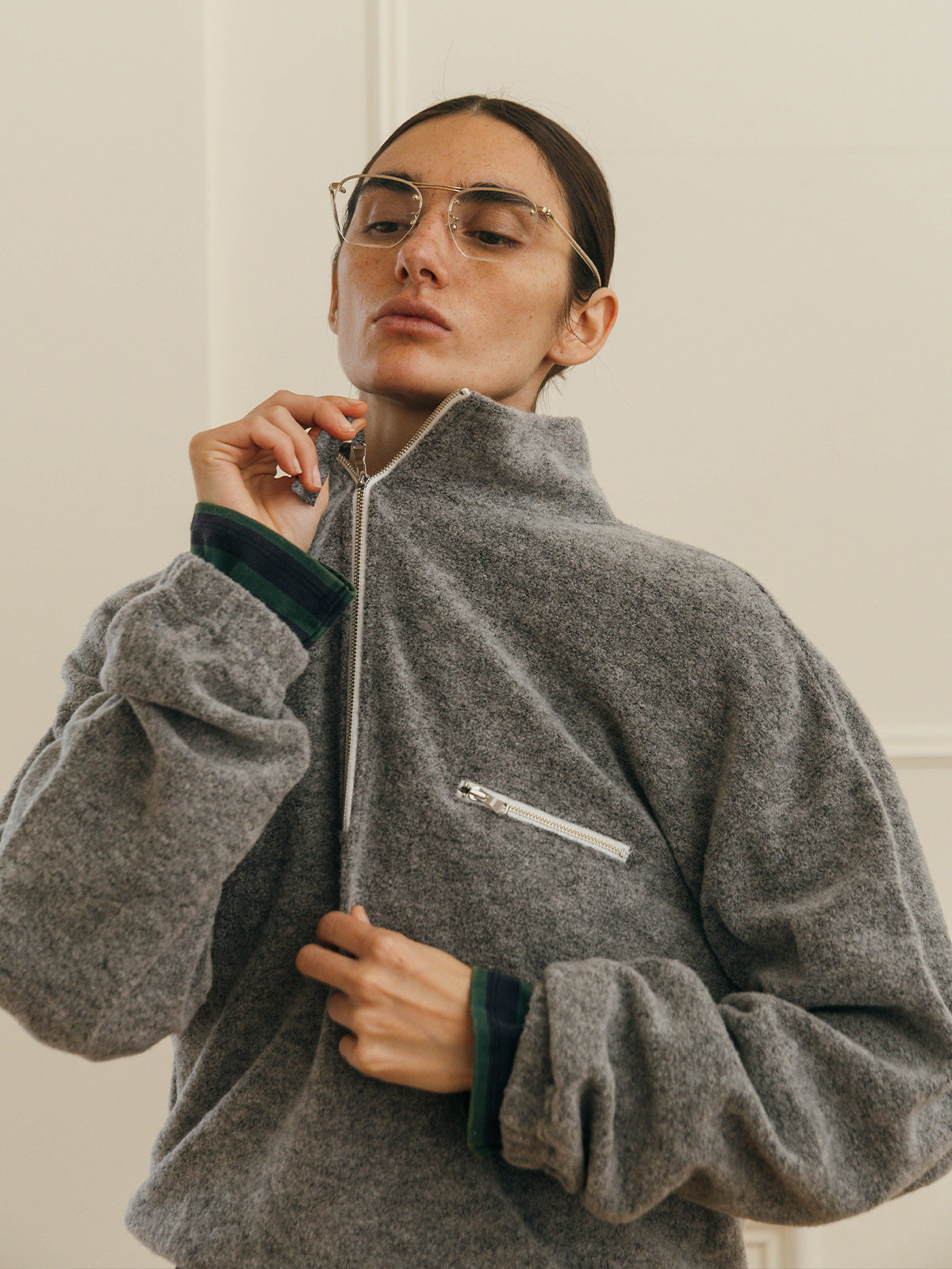 WOOL PILE HALF ZIP TOP