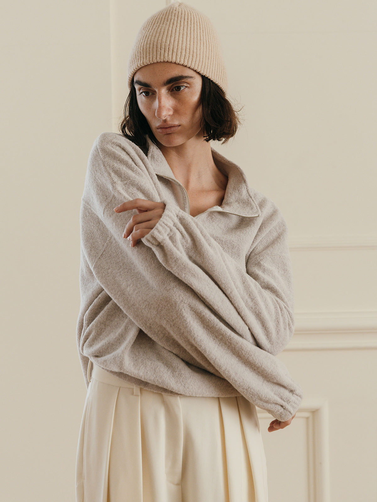 WOOL PILE HALF ZIP TOP