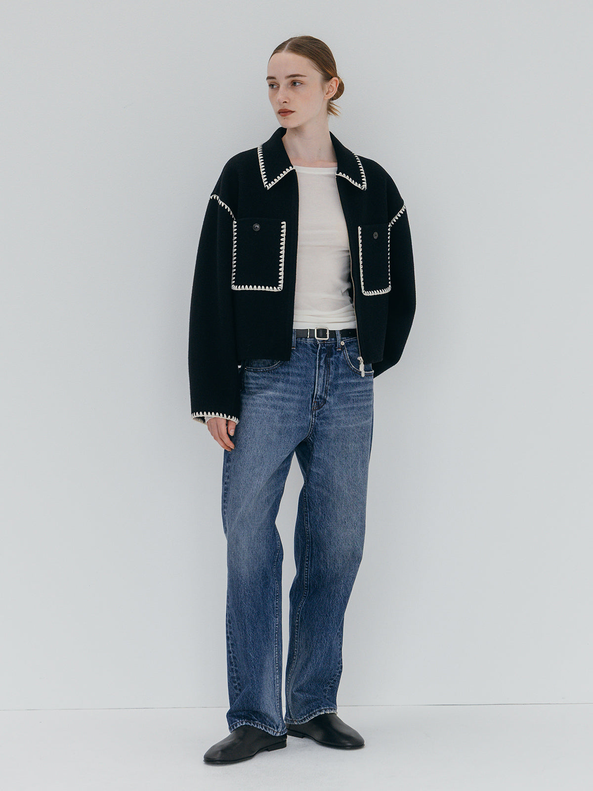 WOOL EMBROIDERY SHORT ZIP JACKET