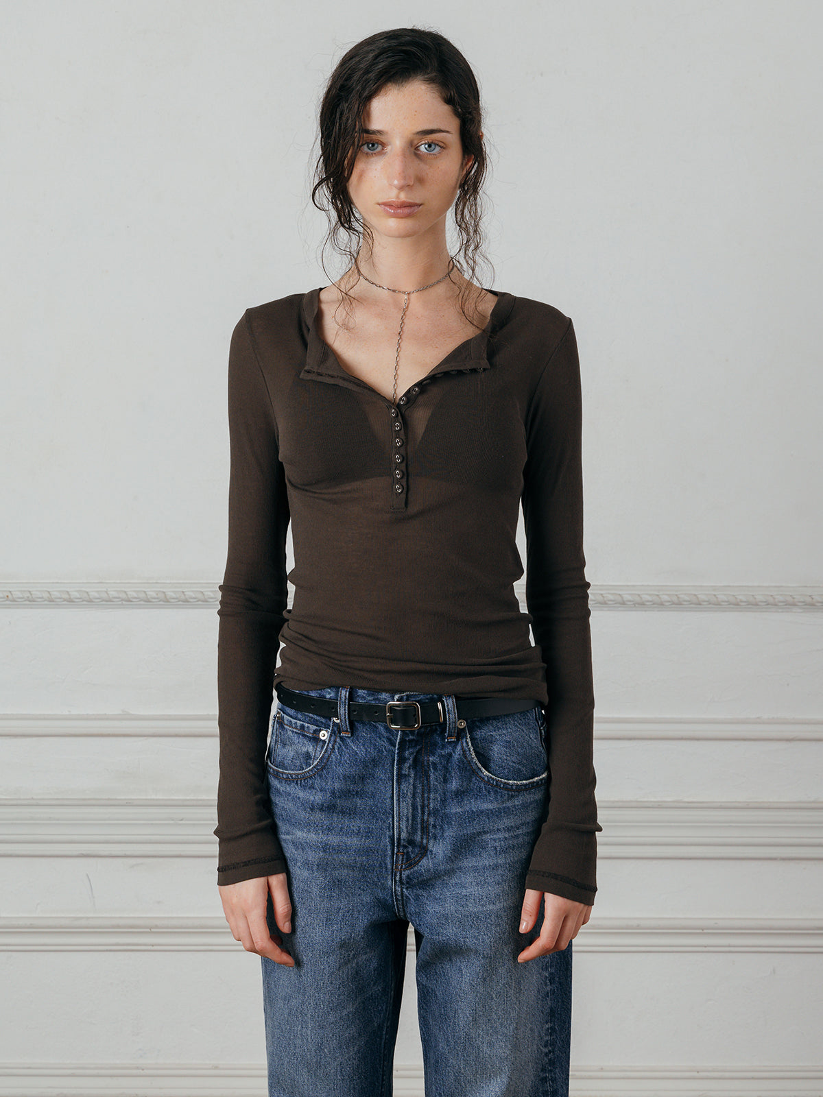 SHEER HENLEY NECK SHIRT