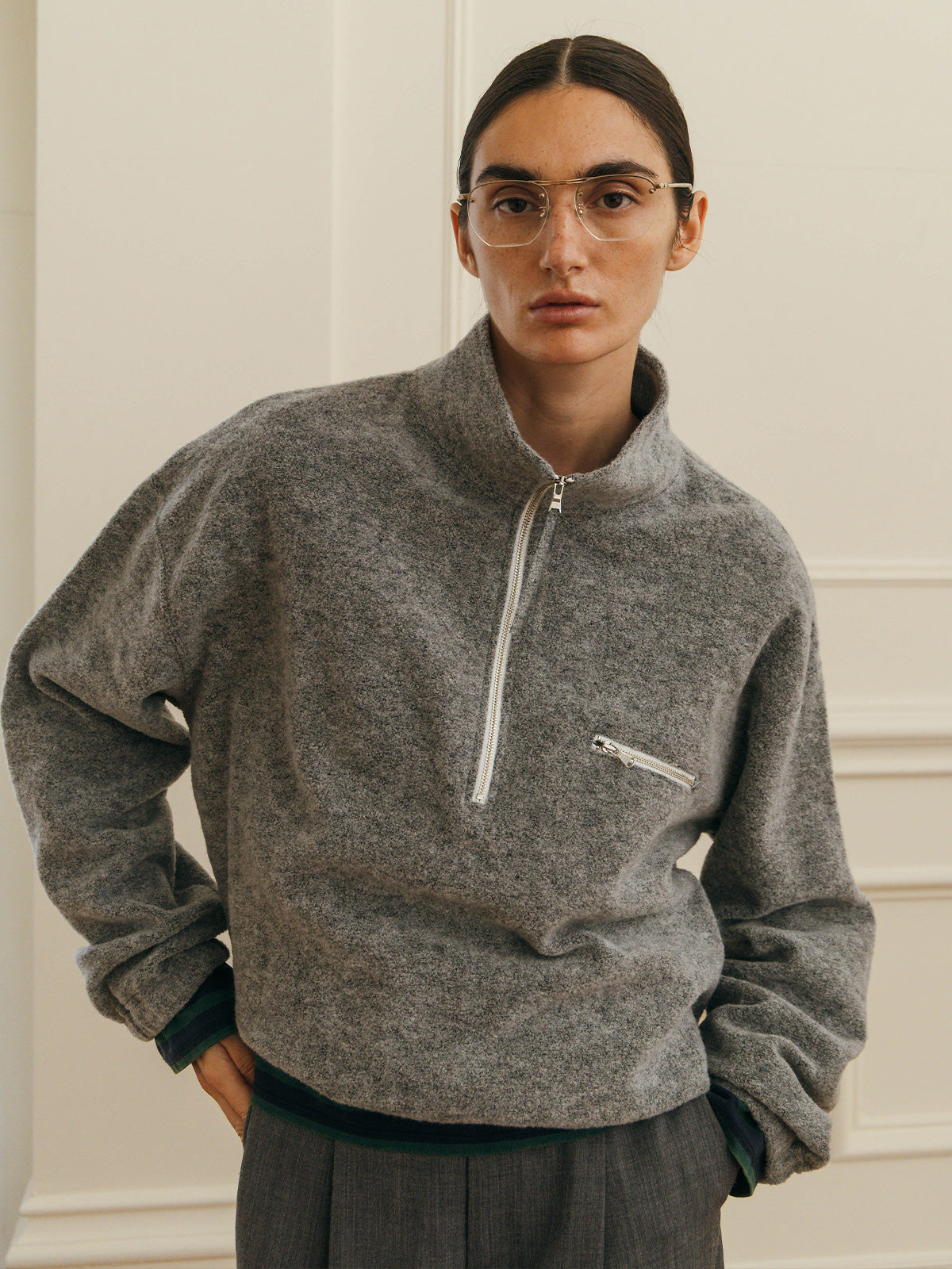 WOOL PILE HALF ZIP TOP