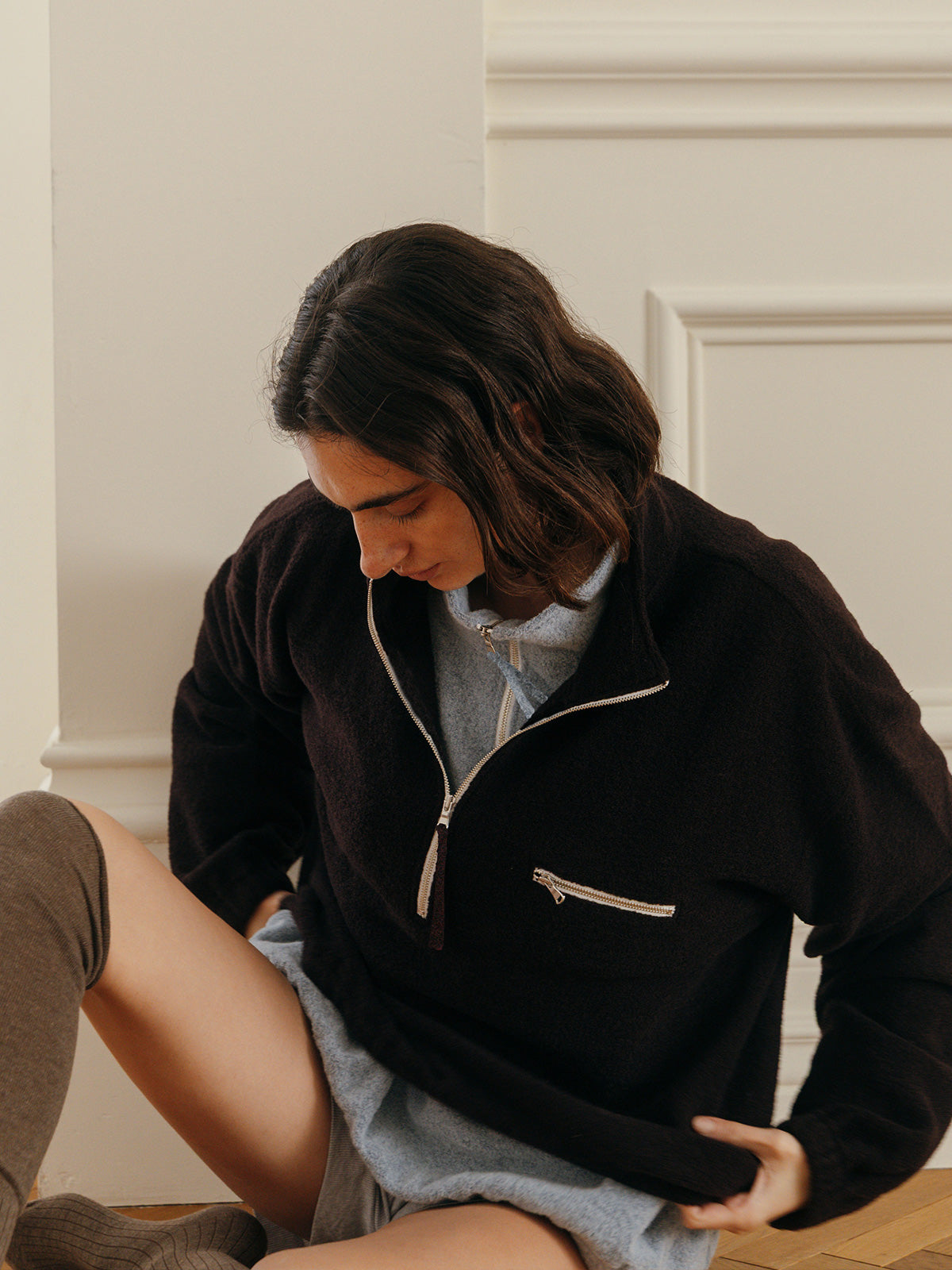 WOOL PILE HALF ZIP TOP