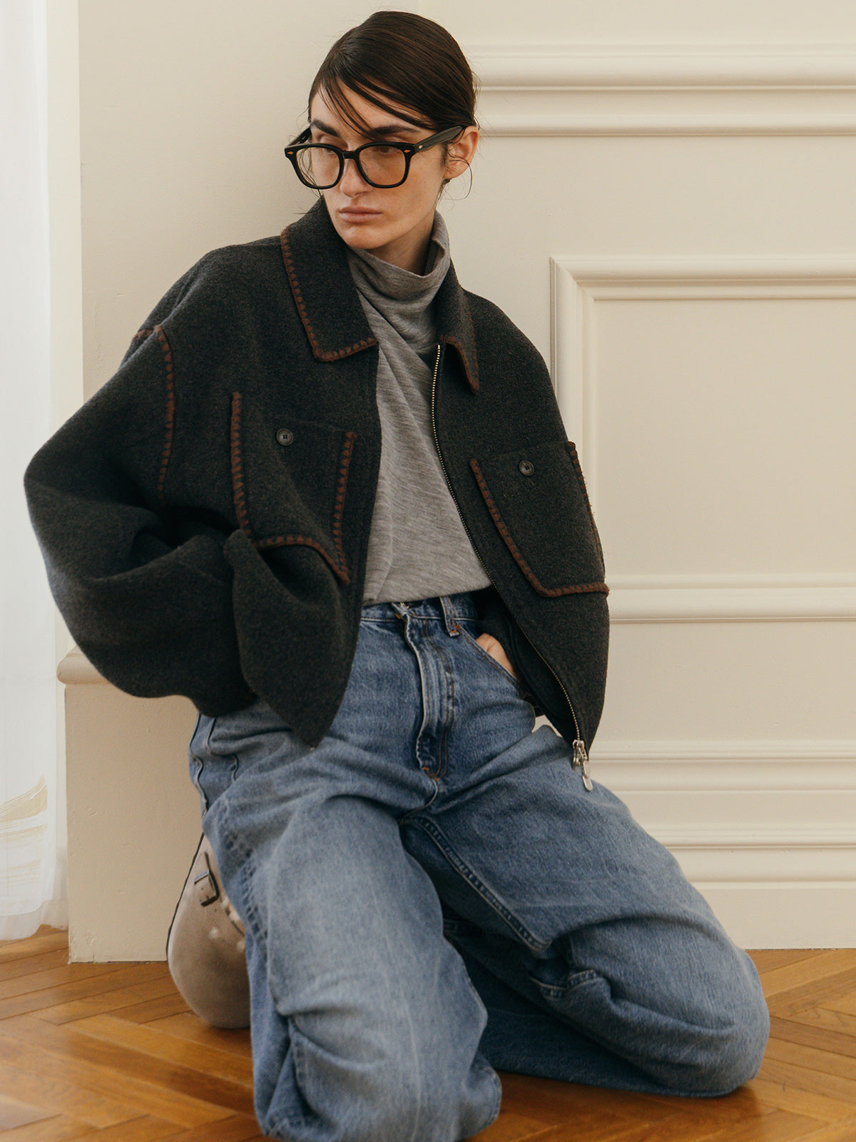 WOOL EMBROIDERY SHORT ZIP JACKET