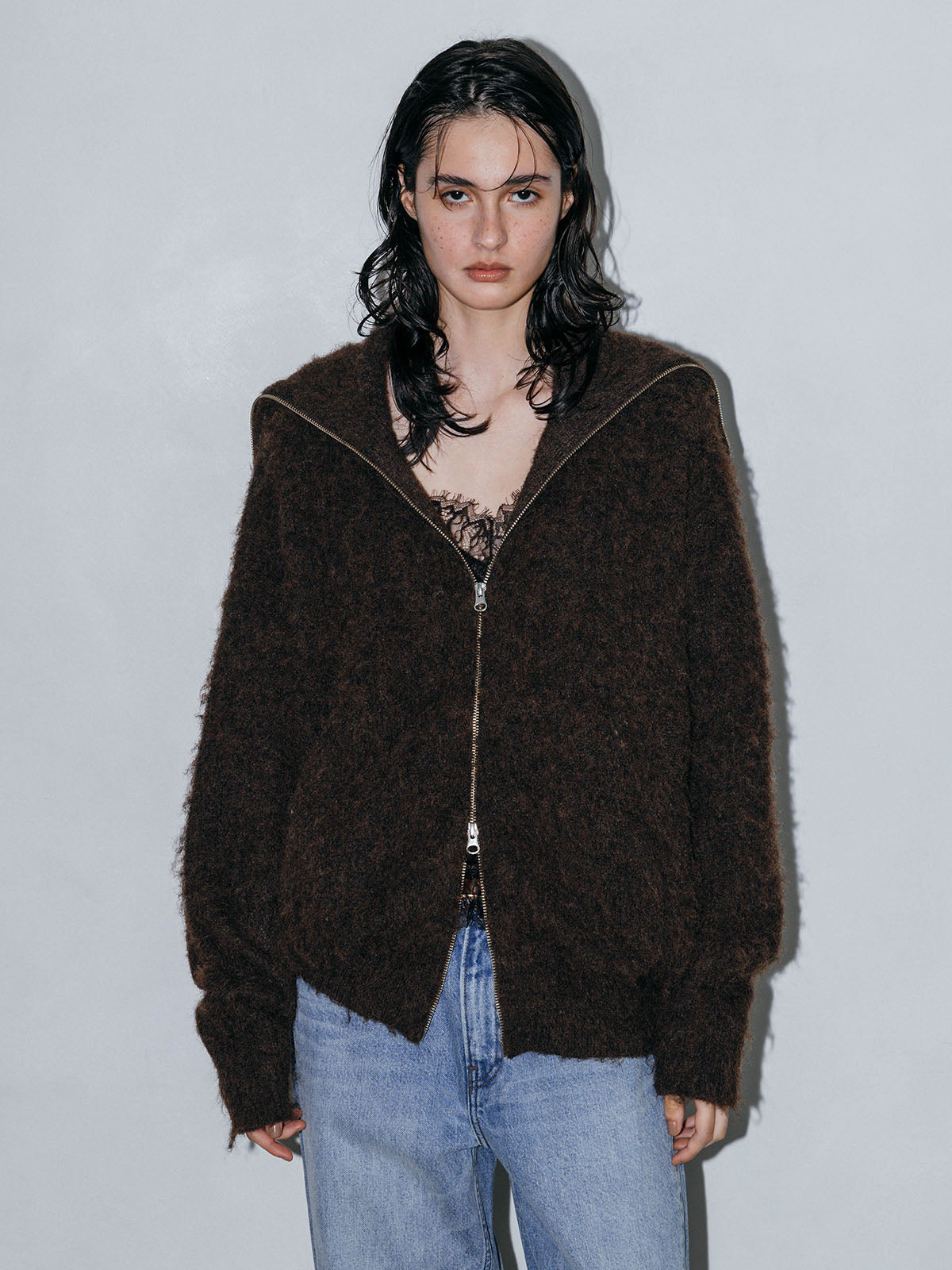 SOFT BRUSHED OVERSIZE ZIP CARDIGAN