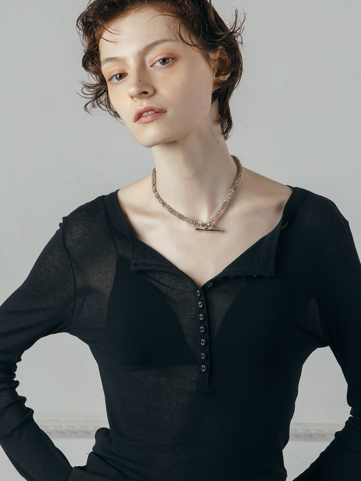 SHEER HENLEY NECK SHIRT