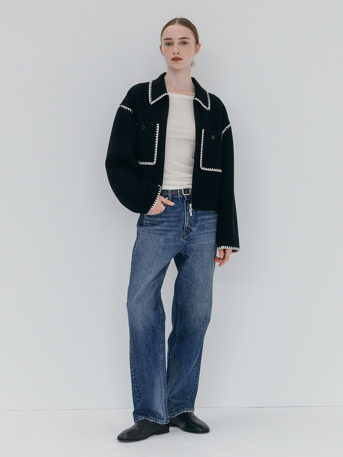 WOOL EMBROIDERY SHORT ZIP JACKET
