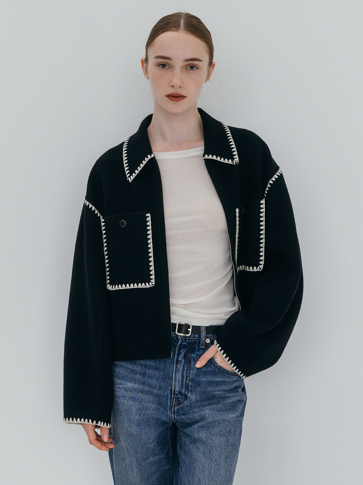 WOOL EMBROIDERY SHORT ZIP JACKET