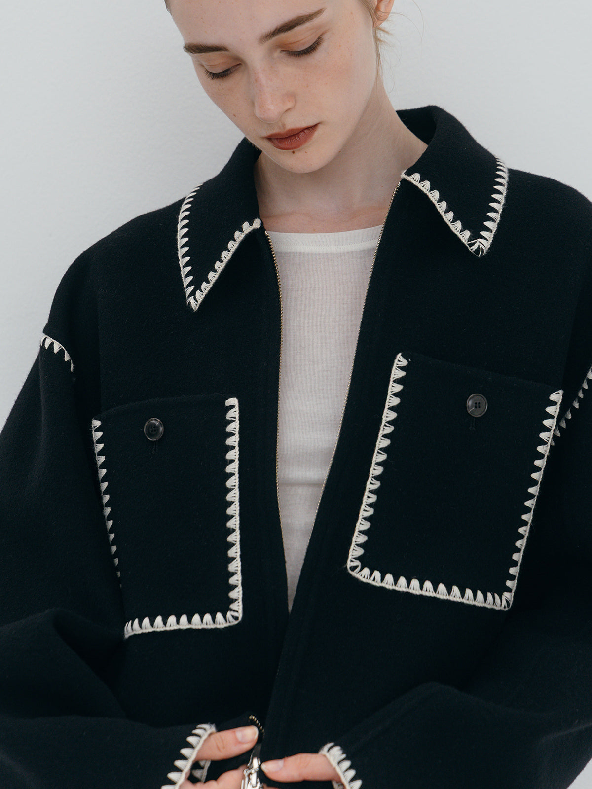 WOOL EMBROIDERY SHORT ZIP JACKET