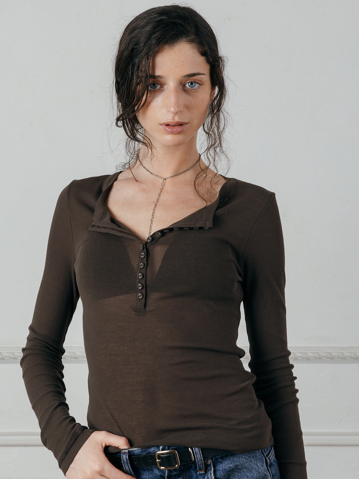 SHEER HENLEY NECK SHIRT